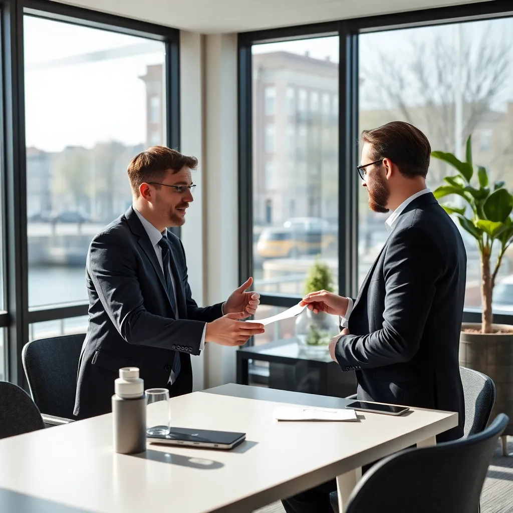 Freelancer bespreekt contract met potentiële klant in kantoor