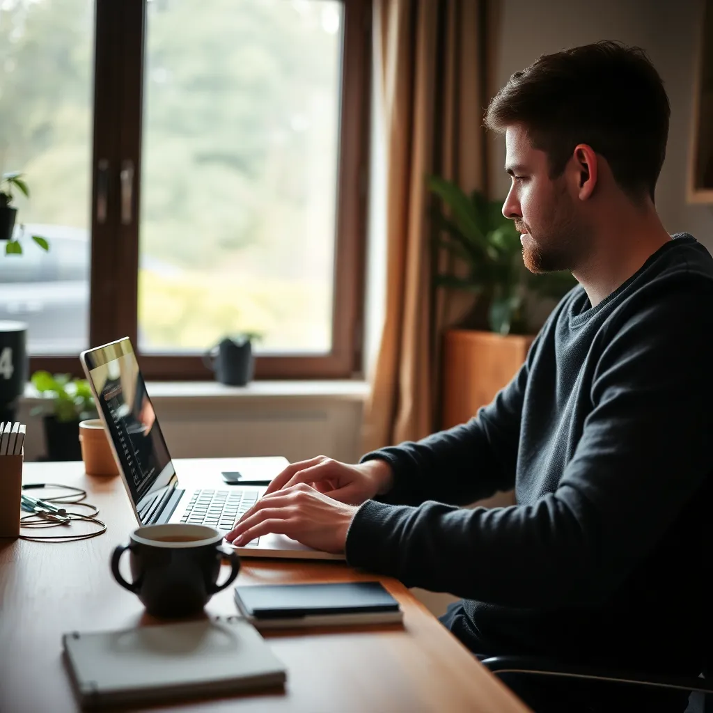 Freelancer werkt aan laptop in een gezellige thuiswerkplek
